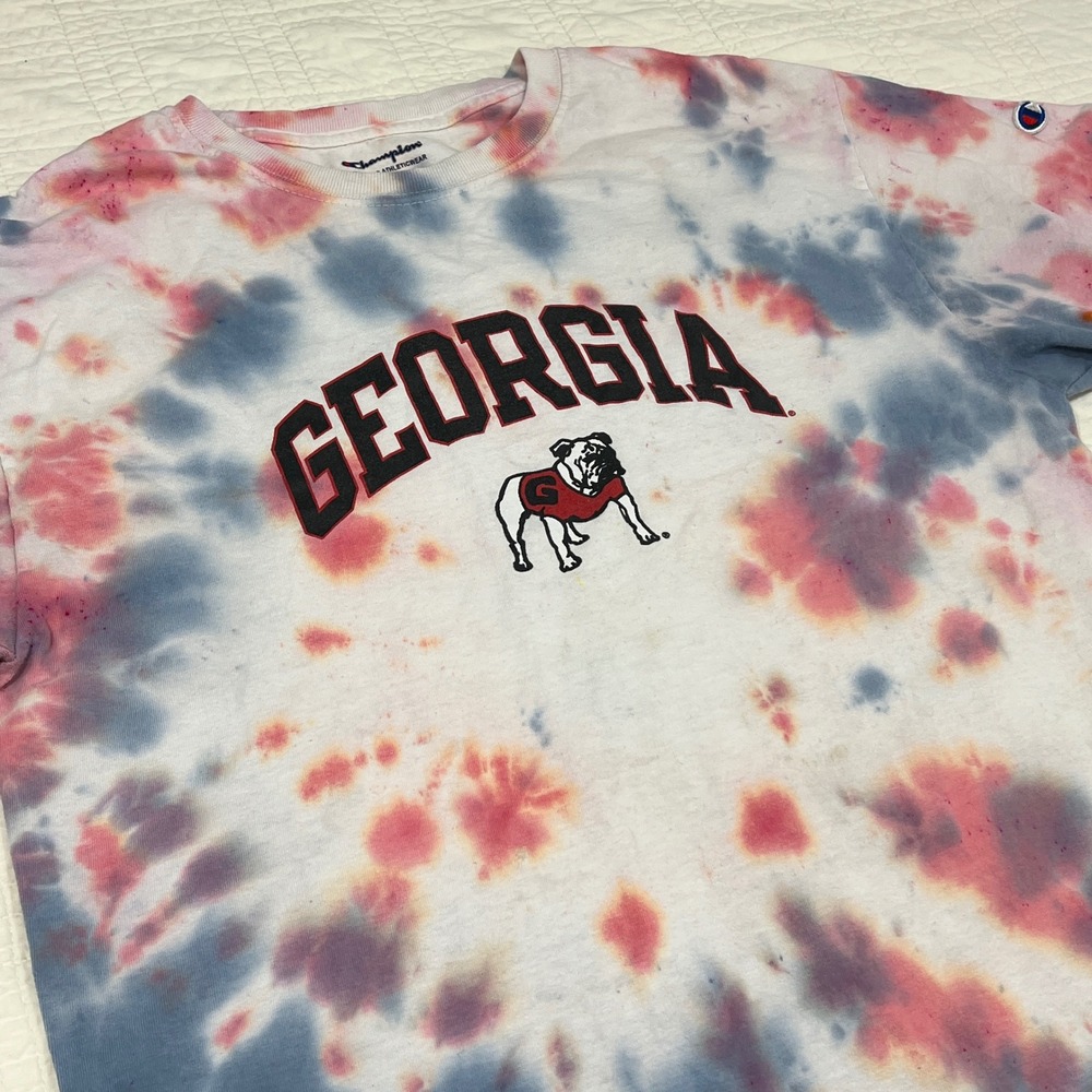 Champion Georgia Bulldogs Tie Dye T-Shirt Mens Medium Red Blue UGA Mascot Tee - Picture 1 of 7